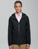 A unisex black waterproof jacket with a hood, featuring a front zip and a branding logo.