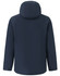 A waterproof jacket in navy blue with a hood, featuring a logo on the back.