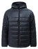 A lightweight hooded puffer jacket in navy blue with a zip front and a logo on the sleeve.