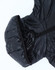 A black lightweight hooded puffer jacket with a zipper and a structured hood. The material appears smooth and glossy.