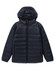 A lightweight hooded puffer jacket in navy blue, featuring a zip front and a smooth finish. It has a logo on the sleeve.
