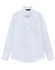 A white long-sleeve cotton blend shirt with a collar and a single chest pocket, featuring a logo.