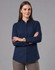 A navy blue long-sleeve cotton blend shirt for women, featuring a collared neckline and button-up front.