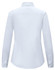 A white, long-sleeved cotton blend shirt with a collar and a curved hem. The back features a logo.