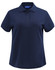 A navy short-sleeved polo shirt with a collar and buttons, featuring a logo on the chest area.