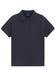 A navy blue short-sleeve polo shirt with a collar and five buttons, featuring a logo.
