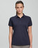 A navy blue ladies' polo shirt made from ultrafine cotton pique with a collar and button placket. It features a logo.