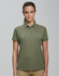 A green ladies' ultrafine cotton pique polo with a collar and three buttons. It features branding.