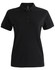 A black ladies' polo shirt made of ultrafine cotton pique, featuring a collared neckline and buttons, with a logo.