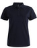 A navy blue ladies' ultrafine cotton pique polo with a collar and buttons, featuring a logo.