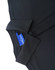 A black polo shirt with a collar, featuring a button and a tag inside.