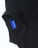 A black polo shirt featuring a collar and a tag, showcasing a sleek, high-performance design.