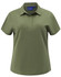 A ladies' high performance polo in olive green with a collar and short sleeves, featuring a logo on the upper side.