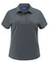 A ladies' short-sleeved polo in dark grey, featuring a collared neckline and a logo on the label.