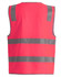 A bright red safety vest featuring grey reflective strips and utility pockets. It has a logo on the front.
