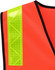 A high-visibility road safety vest in orange with reflective yellow detailing on the shoulder.