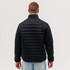A black puffer jacket displayed from the back, highlighting its quilted texture and high collar design.