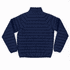 A navy blue puffer jacket with a quilted design and high collar, featuring a logo on the upper back.
