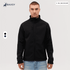 A black softshell jacket with a high collar and zippered pockets, featuring a logo. Suitable for various sizes.