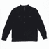 A black jacket with a button-up front and a collar, featuring a logo on the label inside.