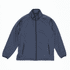 A navy blue bonded jacket with a high collar and side zip pockets, featuring a logo on the chest.