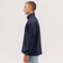 A navy Summit Bonded Jacket is displayed on a model, shown from the side. The jacket features a high collar and a logo.