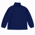 A navy blue fleece pullover with a quarter zip and long sleeves, featuring a branding logo.