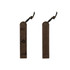 A brown vintage-style bookmark with intricate designs and a leather tie for secure attachment. It features a logo.
