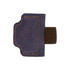 A magnetic bookmark with pen clip in navy blue and brown, featuring stitching detail and a simple design.