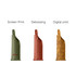 Three elegant PU leather wine bags in green, red, and a patterned orange-brown, each featuring a logo.