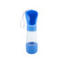A drink bottle with a blue top and base, featuring a clear body and a built-in food container. The bottle has a strap and a logo.