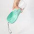 A drink bottle with a transparent top and a turquoise base, featuring a detachable strap and a logo.