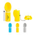 A drink bottle in yellow with a collapsible bowl, featuring a grey and blue variant, and a silver option. It has a logo.