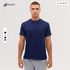 A navy blue T-shirt displayed on a model, featuring a round neckline and short sleeves. It has a logo.