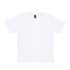 A white T-shirt with short sleeves and a tag at the neckline, featuring a logo.