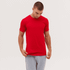 A red T-shirt is displayed on a model wearing grey shorts, with a neutral background. The shirt has no visible branding.