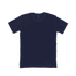 A navy blue T-shirt with a round neckline and short sleeves, featuring a logo on the inside tag.