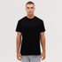 A black t-shirt displayed on a model, featuring short sleeves and a round neckline, with a logo present.
