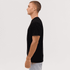 A black T-shirt displayed from the side, featuring a simple design and a logo on the shirt.