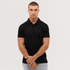 A black polo shirt is displayed on a male model, with a simple design and a logo on the chest.