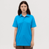 A blue polo shirt with a collar and short sleeves, featuring a logo on the chest.