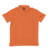 An orange polo shirt featuring a classic collar and three-button placket. It has a logo on the label.