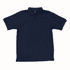 A navy polo shirt featuring a collar, three buttons, and a logo on the chest.