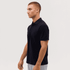 A navy polo shirt with short sleeves displayed on a model, featuring a collar and a logo on the chest.