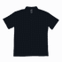 A black polo shirt with a collar and three buttons, featuring a branding label on the inside.