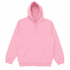 A pink hoodie featuring a front pouch pocket and drawstring hood, with a logo on the front.