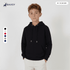 A youth hoodie in black with a drawstring hood, featuring a logo and available in multiple colours.