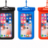 Three waterproof phone pouches in black, blue, and red, displaying a smartphone screen inside each pouch. Each pouch has a logo.