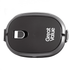A lunch box in black with a grey clasp and a logo. Designed for convenient storage and transport.
