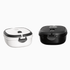 A lunch box set featuring a black and a white container, each with a secure lid and branding.